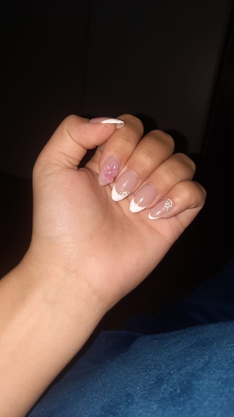 White tips & floral details nail design by Nails by B