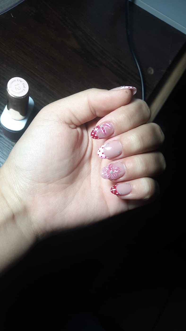 Pink florals & polka dots nail design by Nails by B